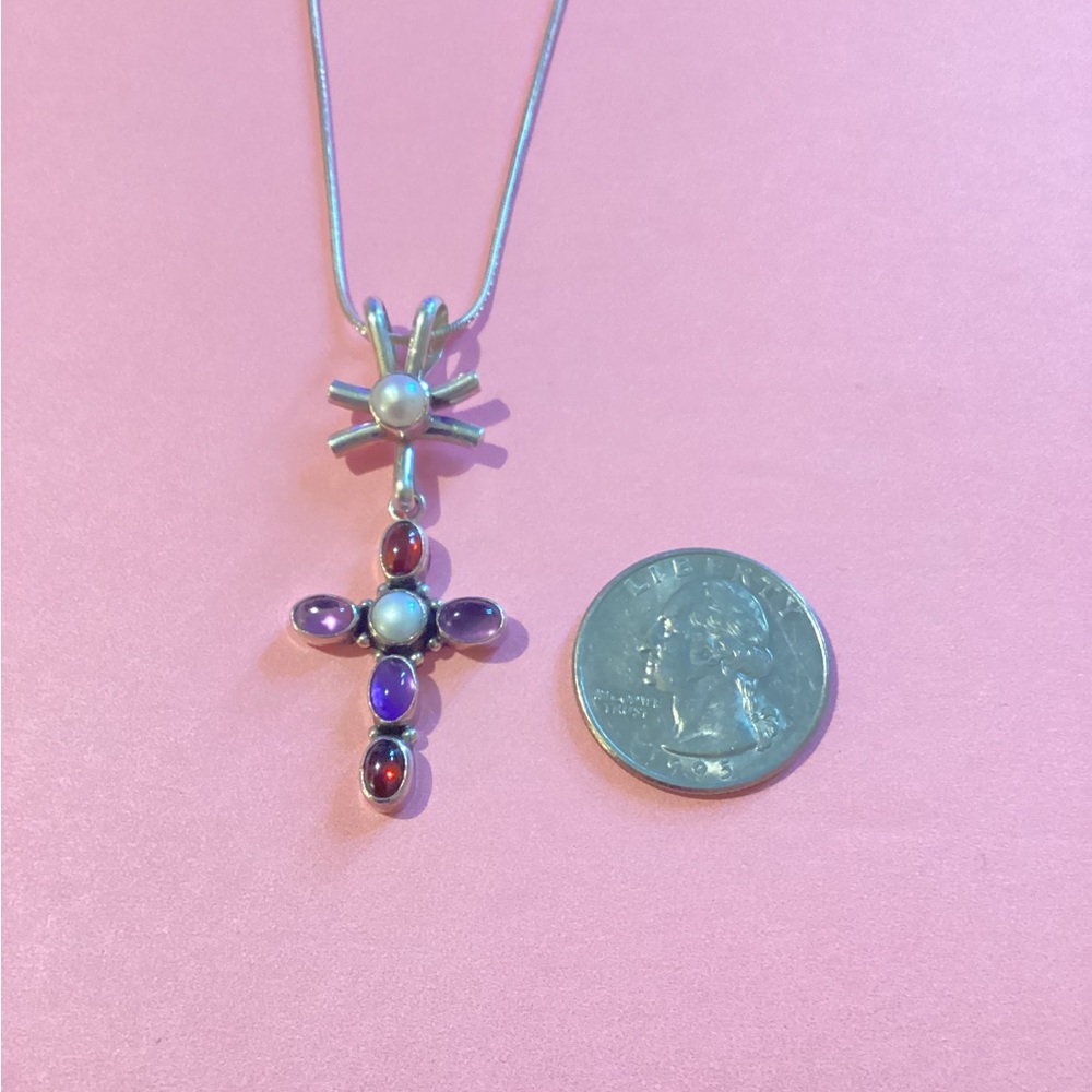Nakai stamped sterling cross with Amethyst, Garnet, & pearl necklace & pendant